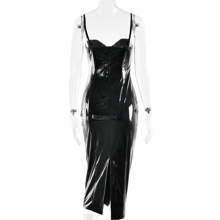Fitted midi faux leather dress with removable straps - JENNY