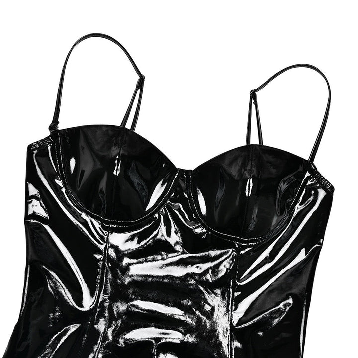 Fitted midi faux leather dress with removable straps - JENNY
