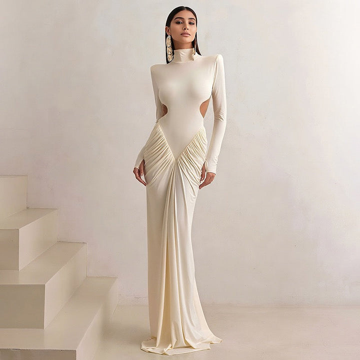 Elegant maxi turtleneck dress with ruching and open back design - DALIA