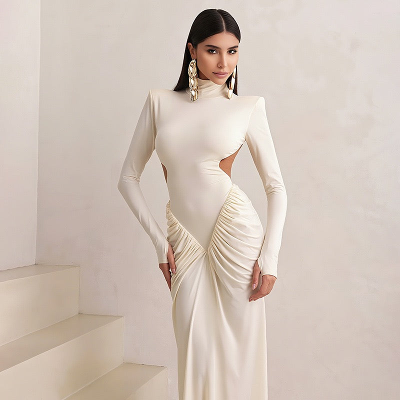 Elegant maxi turtleneck dress with ruching and open back design - DALIA