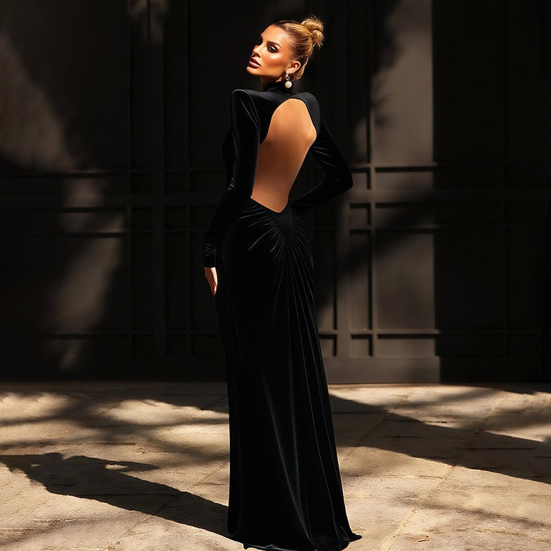 Elegant maxi turtleneck dress with ruching and open back design - DALIA