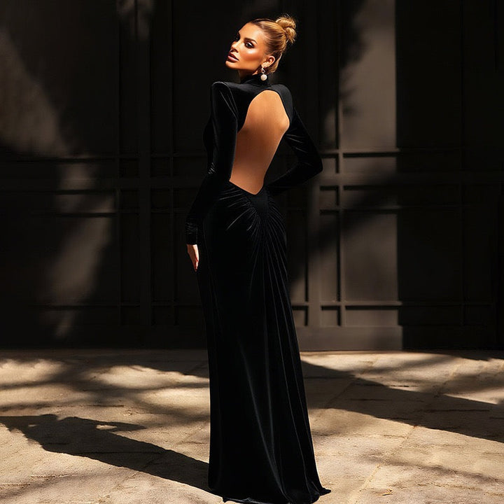 Elegant maxi turtleneck dress with ruching and open back design - DALIA
