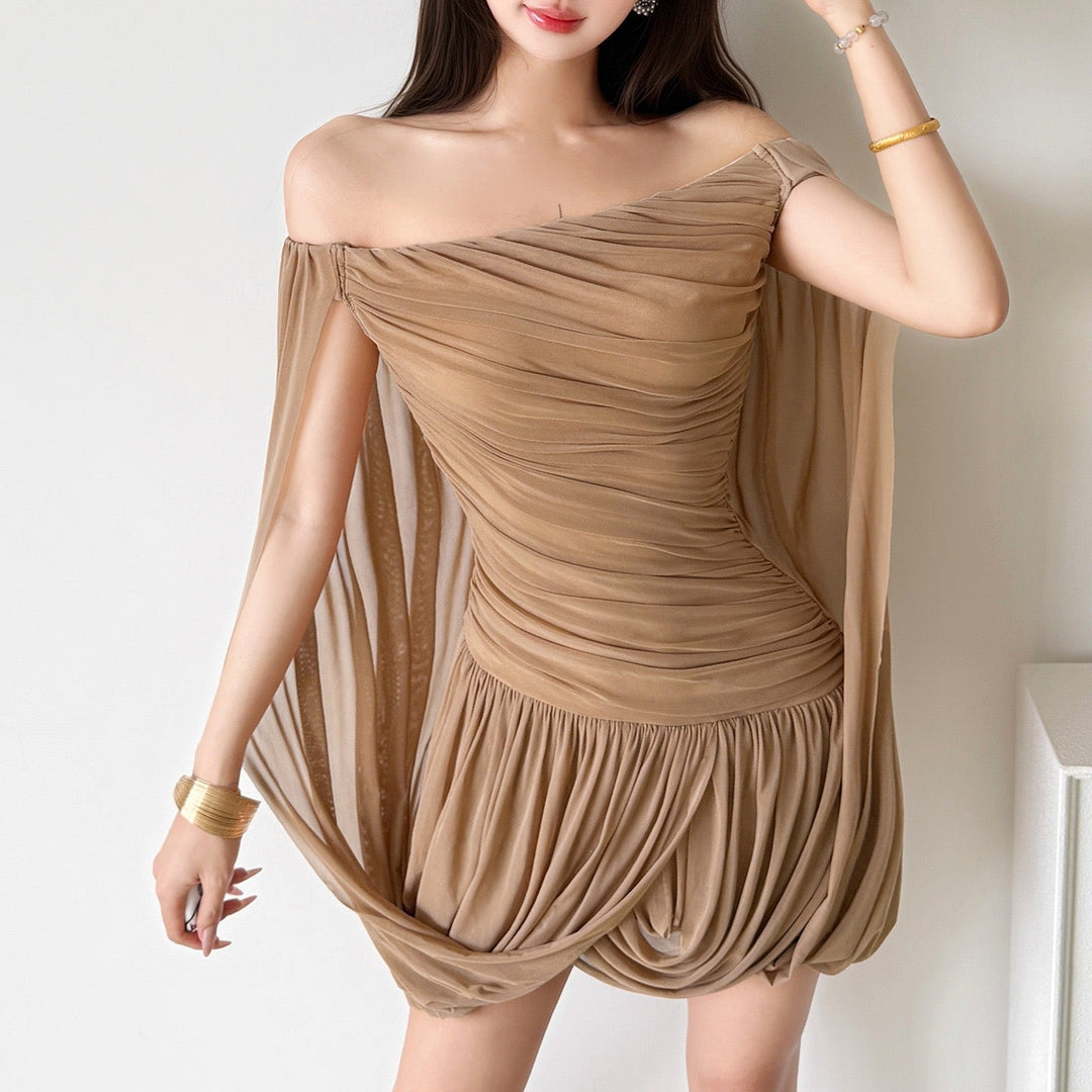 Joella - Pleated chiffon mini dress with exposed shoulders