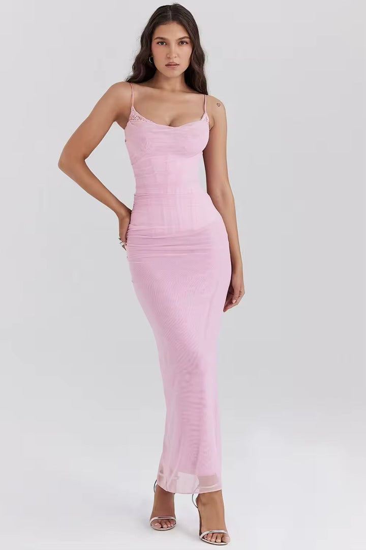 Fitted Maxi Chiffon Dress with Lace Details - Rosalia