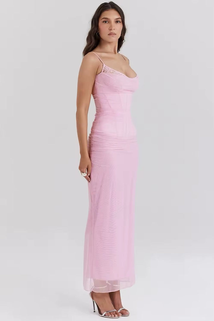 Fitted Maxi Chiffon Dress with Lace Details - Rosalia