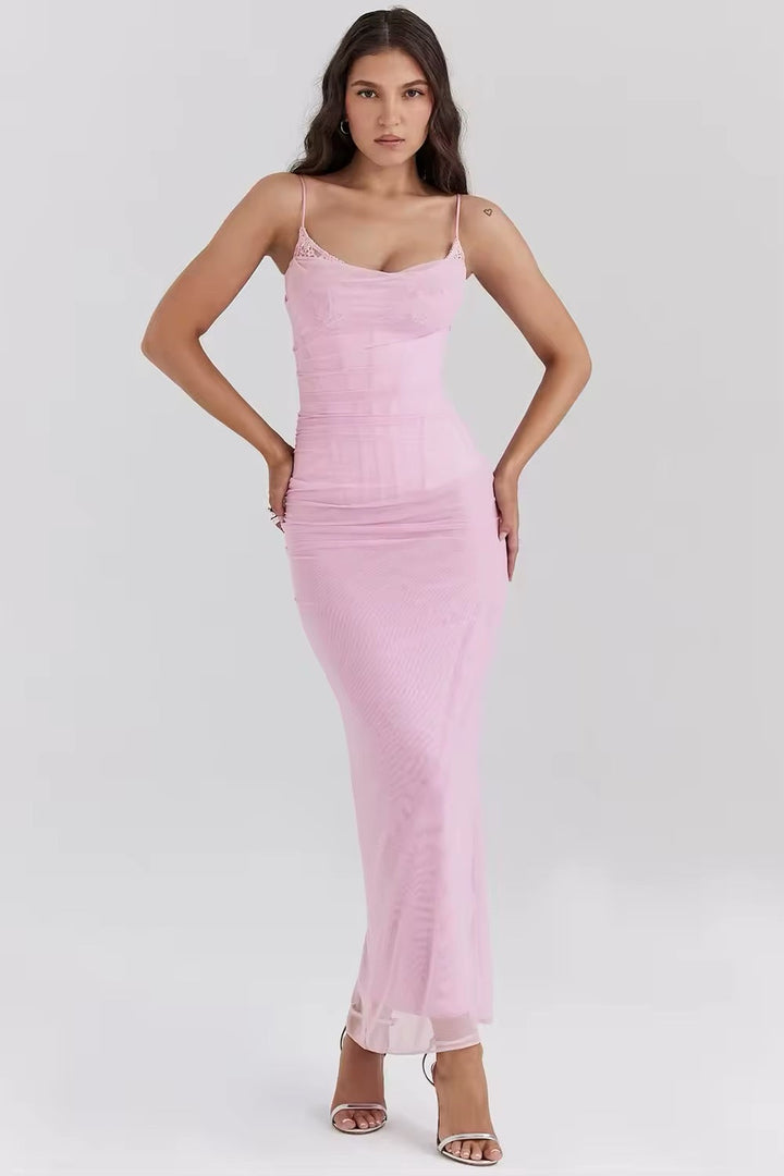 Fitted Maxi Chiffon Dress with Lace Details - Rosalia