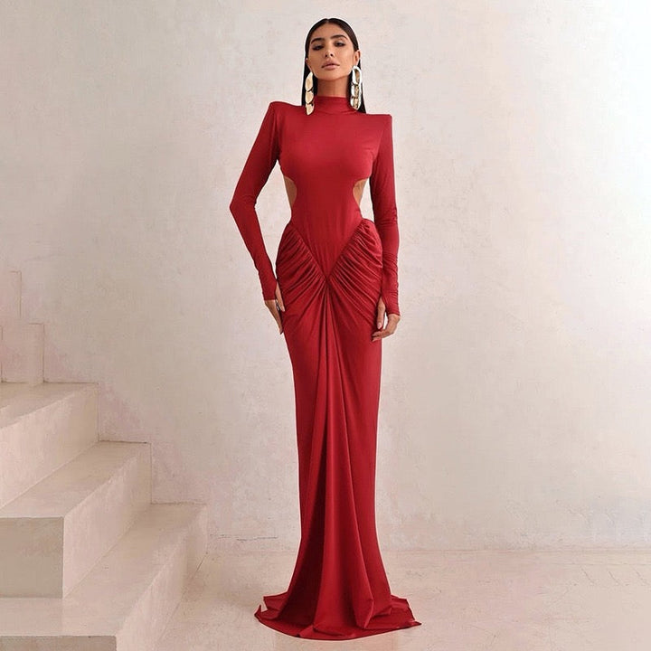 Elegant maxi turtleneck dress with ruching and open back design - DALIA