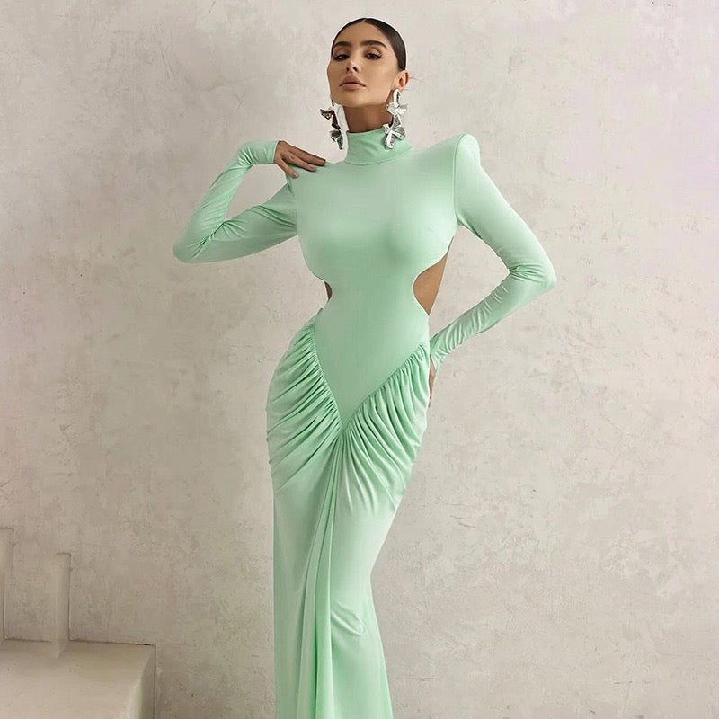 Elegant maxi turtleneck dress with ruching and open back design - DALIA