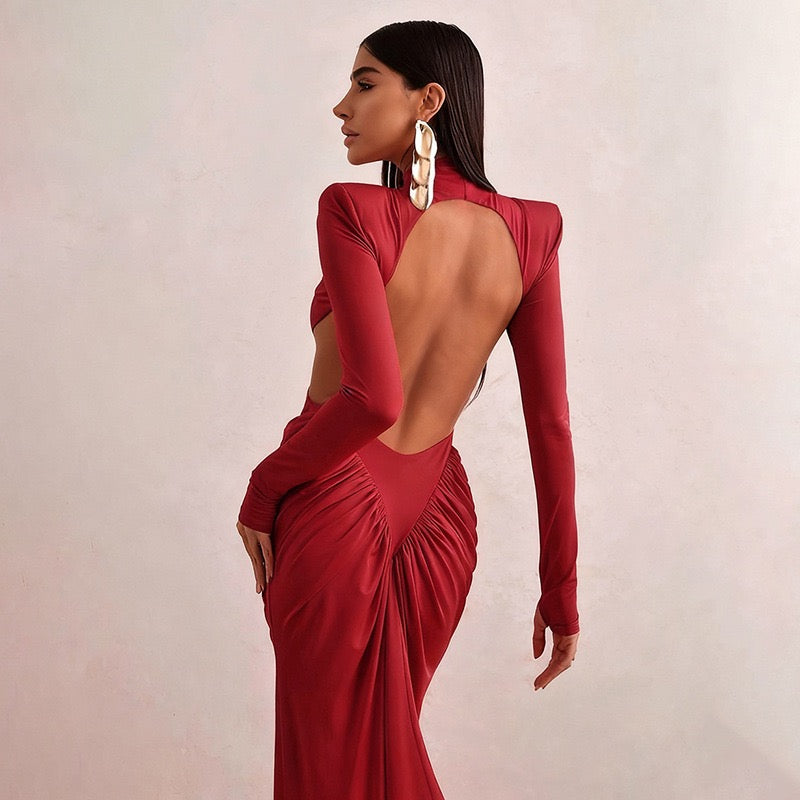 Elegant maxi turtleneck dress with ruching and open back design - DALIA