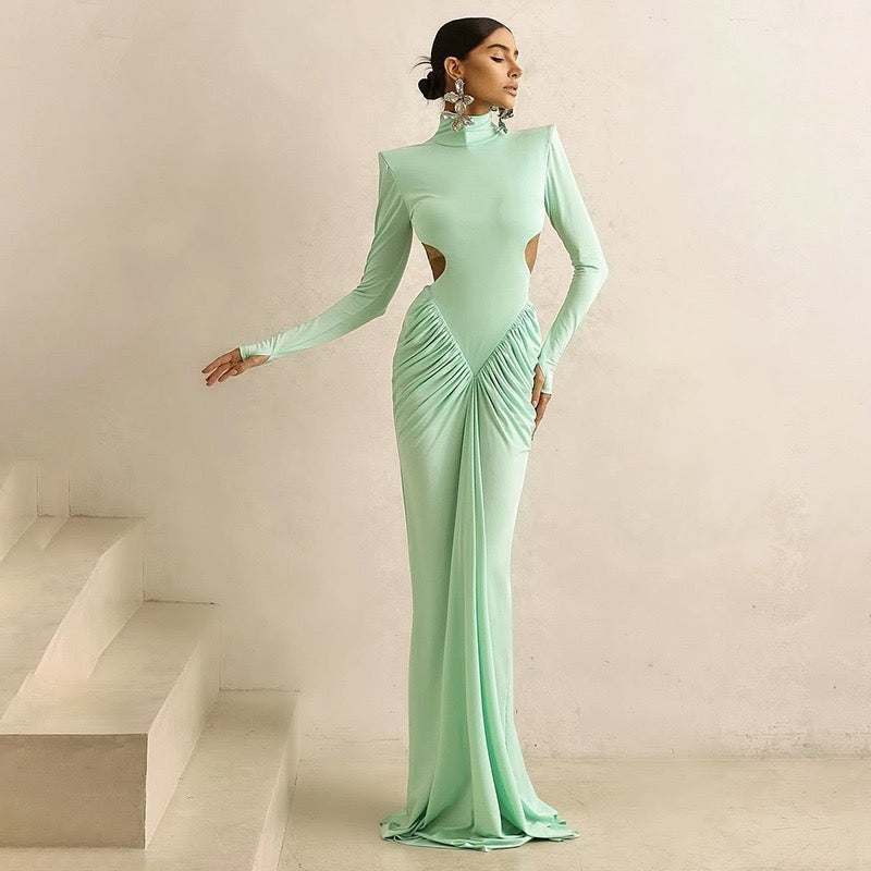 Elegant maxi turtleneck dress with ruching and open back design - DALIA
