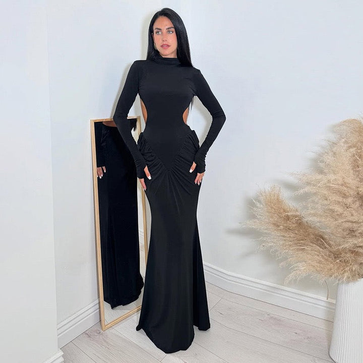 Elegant maxi turtleneck dress with ruching and open back design - DALIA