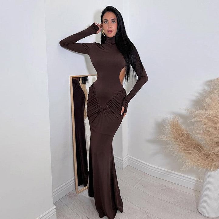 Elegant maxi turtleneck dress with ruching and open back design - DALIA