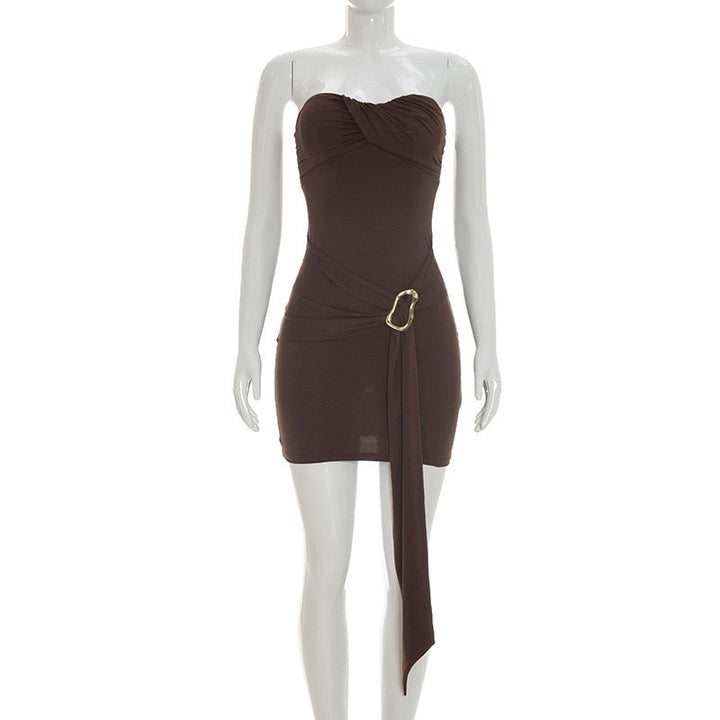 Strapless ruched mini dress with buckle embellishment – SOLEDAD