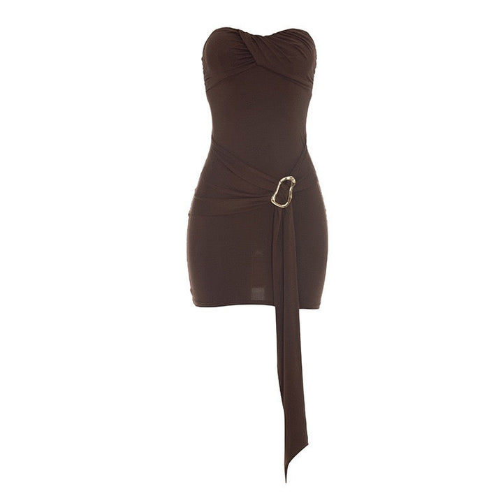 Strapless ruched mini dress with buckle embellishment – SOLEDAD