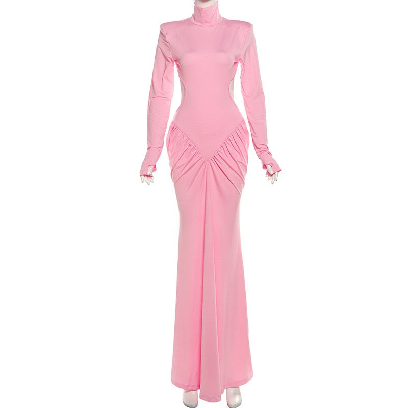 Elegant maxi turtleneck dress with ruching and open back design - DALIA