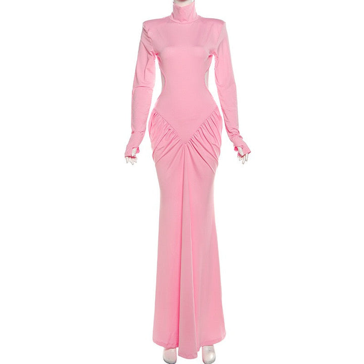 Elegant maxi turtleneck dress with ruching and open back design - DALIA