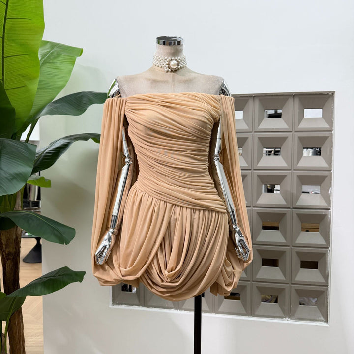 Joella - Pleated chiffon mini dress with exposed shoulders