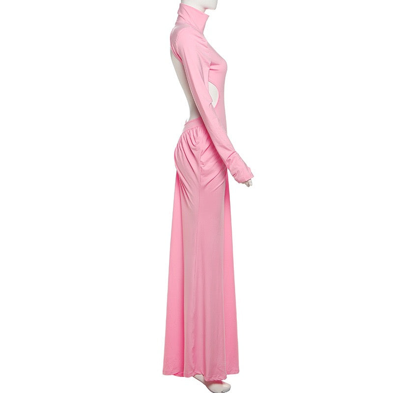 Elegant maxi turtleneck dress with ruching and open back design - DALIA