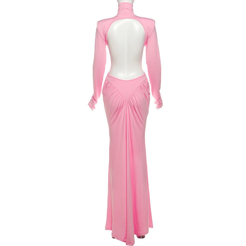 Elegant maxi turtleneck dress with ruching and open back design - DALIA