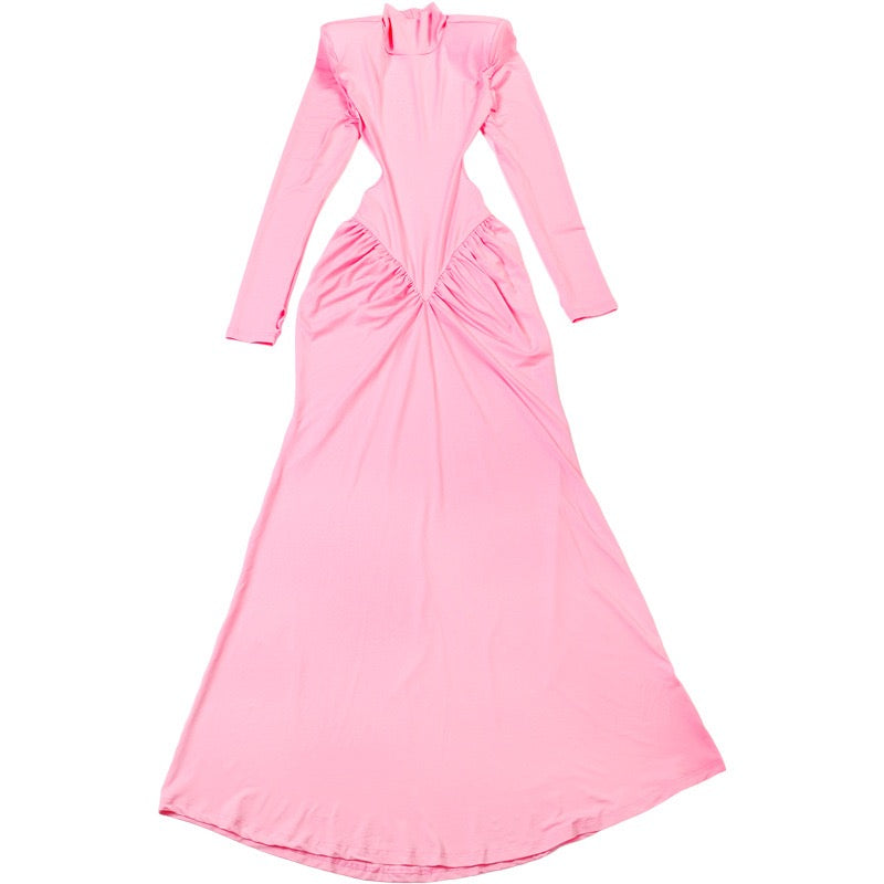 Elegant maxi turtleneck dress with ruching and open back design - DALIA