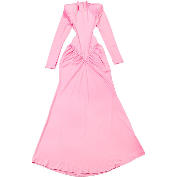 Elegant maxi turtleneck dress with ruching and open back design - DALIA