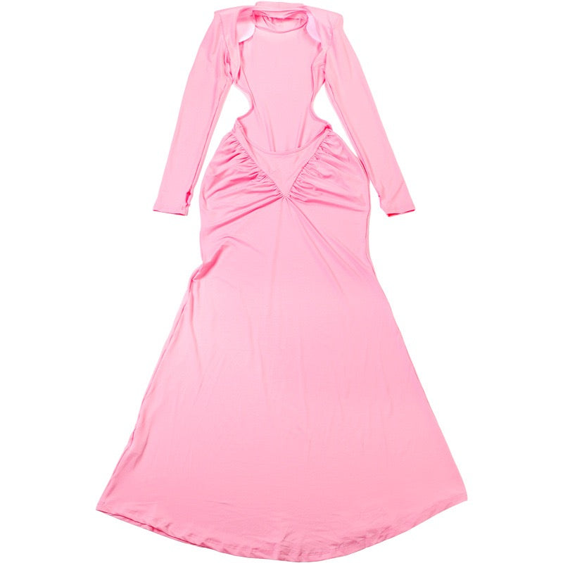Elegant maxi turtleneck dress with ruching and open back design - DALIA