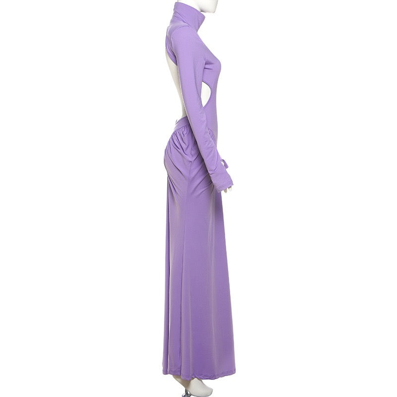 Elegant maxi turtleneck dress with ruching and open back design - DALIA
