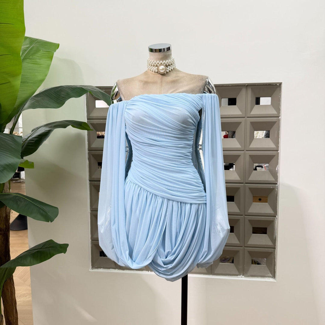 Joella - Pleated chiffon mini dress with exposed shoulders