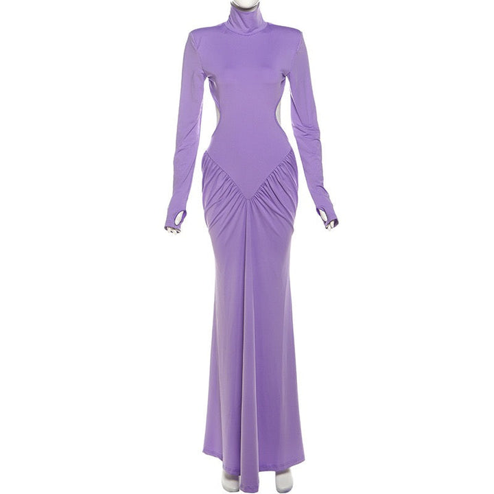 Elegant maxi turtleneck dress with ruching and open back design - DALIA