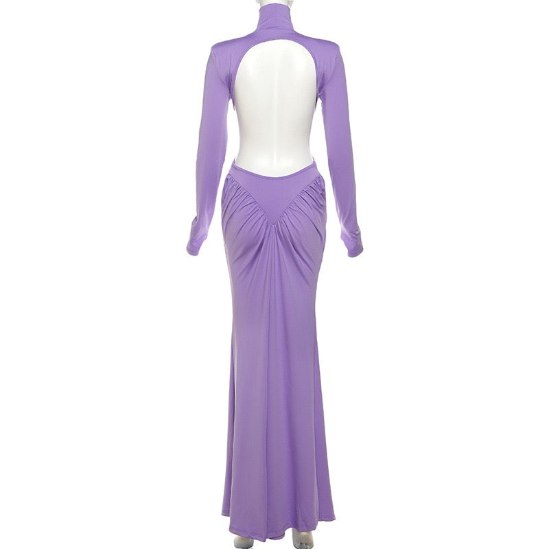 Elegant maxi turtleneck dress with ruching and open back design - DALIA