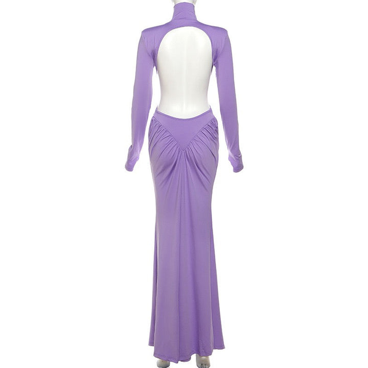 Elegant maxi turtleneck dress with ruching and open back design - DALIA