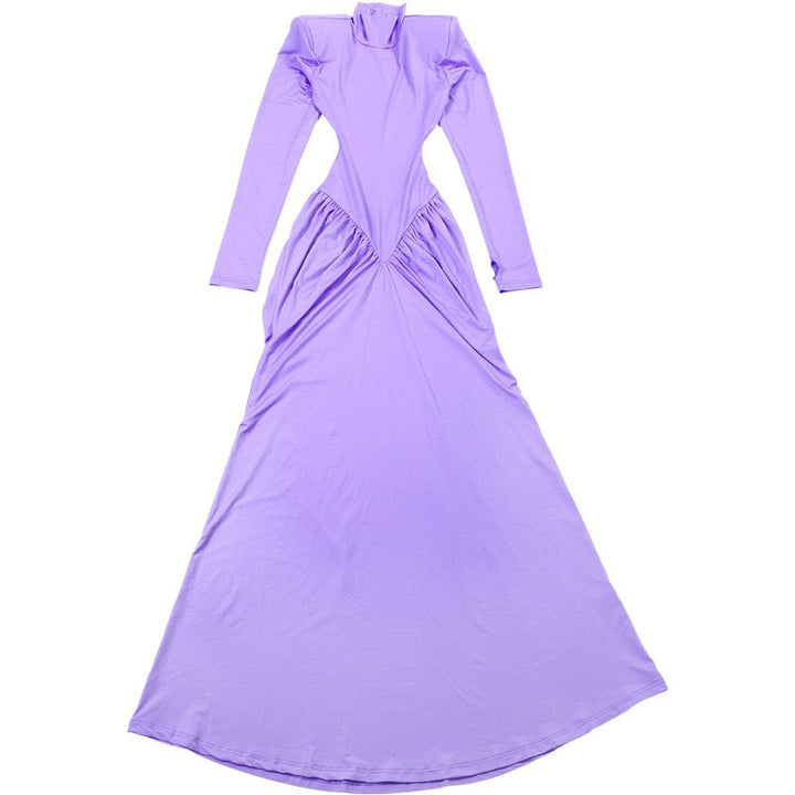 Elegant maxi turtleneck dress with ruching and open back design - DALIA
