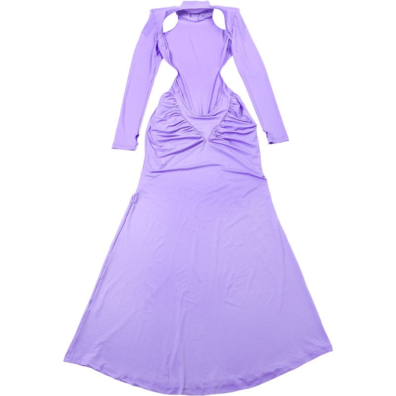 Elegant maxi turtleneck dress with ruching and open back design - DALIA
