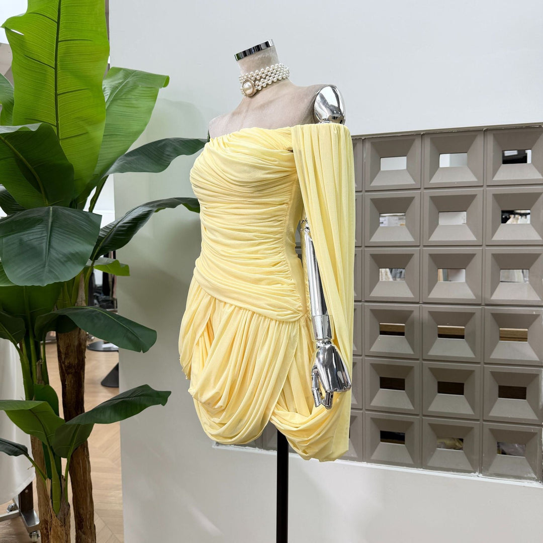 Joella - Pleated chiffon mini dress with exposed shoulders