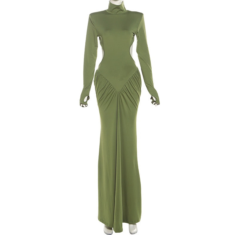 Elegant maxi turtleneck dress with ruching and open back design - DALIA