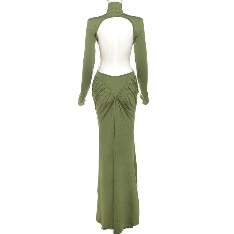 Elegant maxi turtleneck dress with ruching and open back design - DALIA