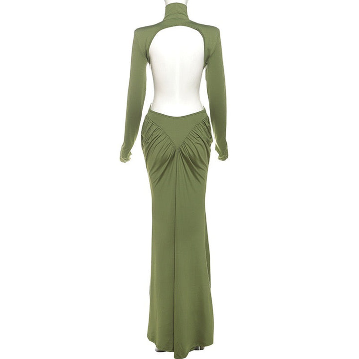 Elegant maxi turtleneck dress with ruching and open back design - DALIA