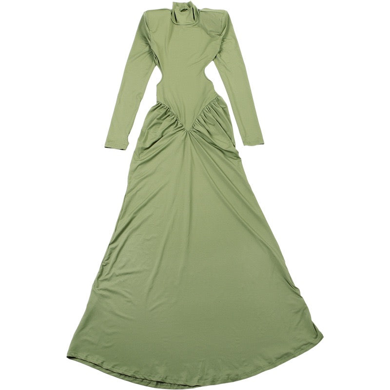 Elegant maxi turtleneck dress with ruching and open back design - DALIA