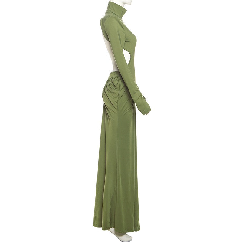Elegant maxi turtleneck dress with ruching and open back design - DALIA