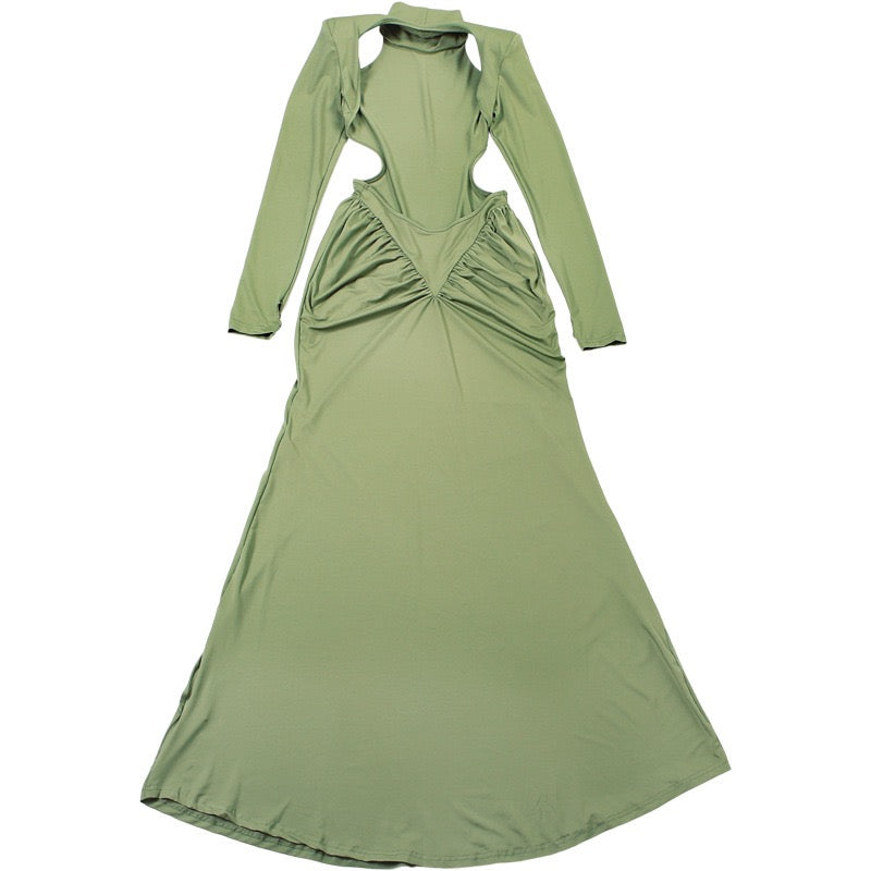 Elegant maxi turtleneck dress with ruching and open back design - DALIA