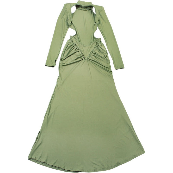 Elegant maxi turtleneck dress with ruching and open back design - DALIA