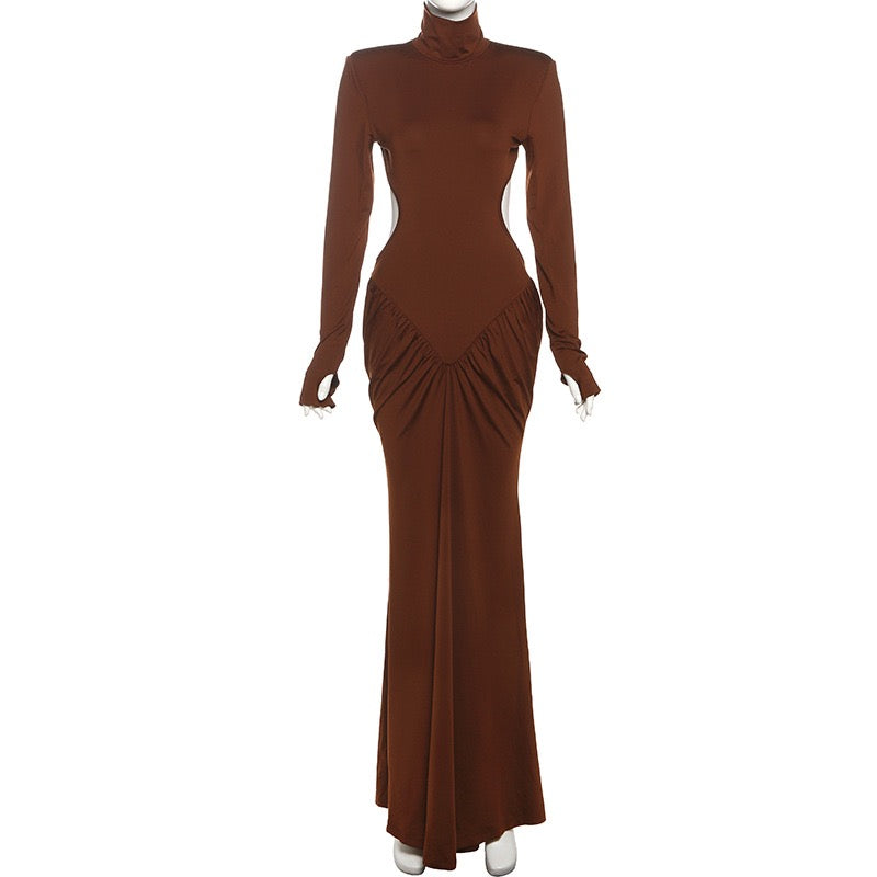 Elegant maxi turtleneck dress with ruching and open back design - DALIA