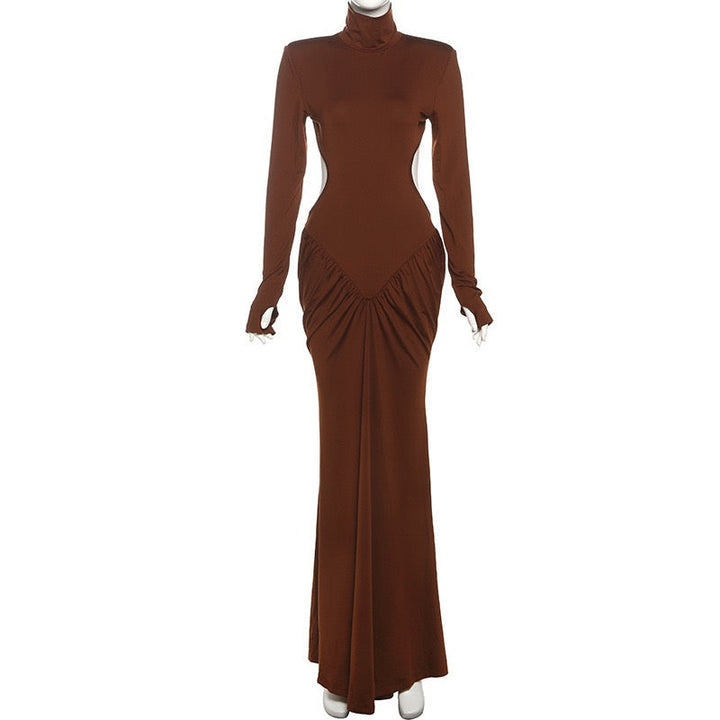 Elegant maxi turtleneck dress with ruching and open back design - DALIA