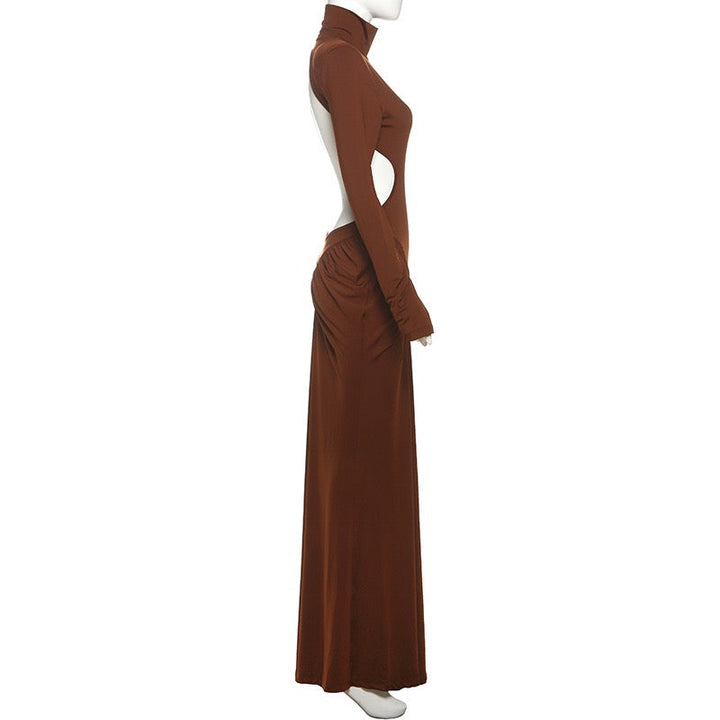 Elegant maxi turtleneck dress with ruching and open back design - DALIA
