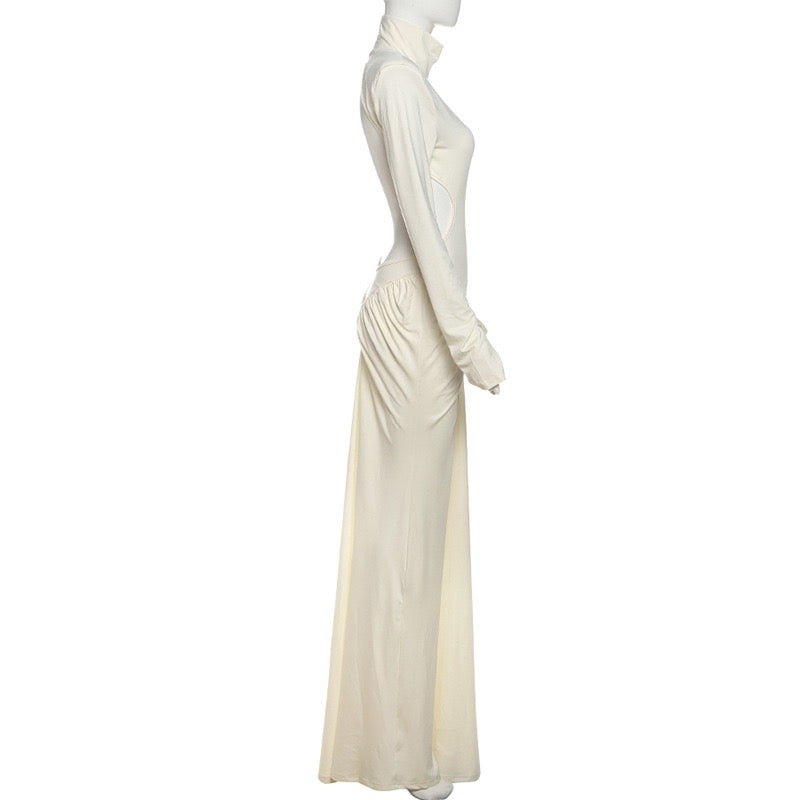 Elegant maxi turtleneck dress with ruching and open back design - DALIA