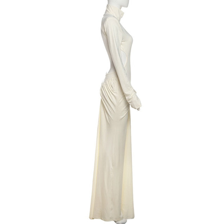 Elegant maxi turtleneck dress with ruching and open back design - DALIA