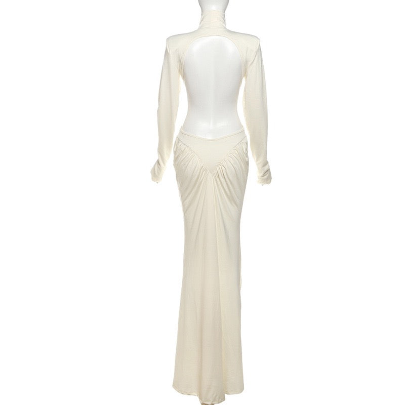 Elegant maxi turtleneck dress with ruching and open back design - DALIA