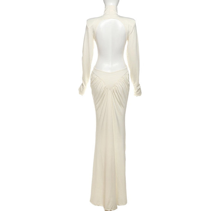 Elegant maxi turtleneck dress with ruching and open back design - DALIA