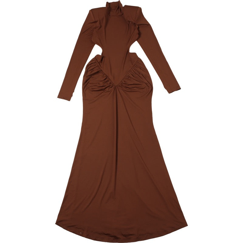 Elegant maxi turtleneck dress with ruching and open back design - DALIA