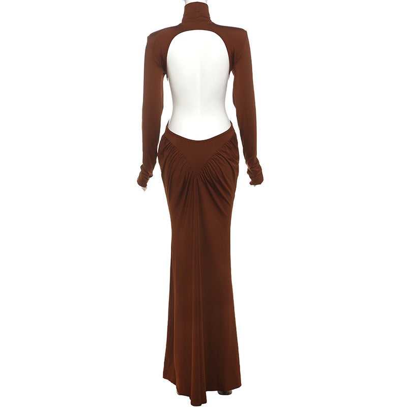 Elegant maxi turtleneck dress with ruching and open back design - DALIA